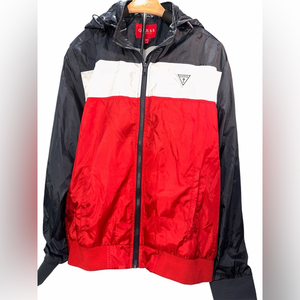 Guess LA Red Navy Jacket Windbreaker Hoodie Athletic Leisure Wear Early Y2K